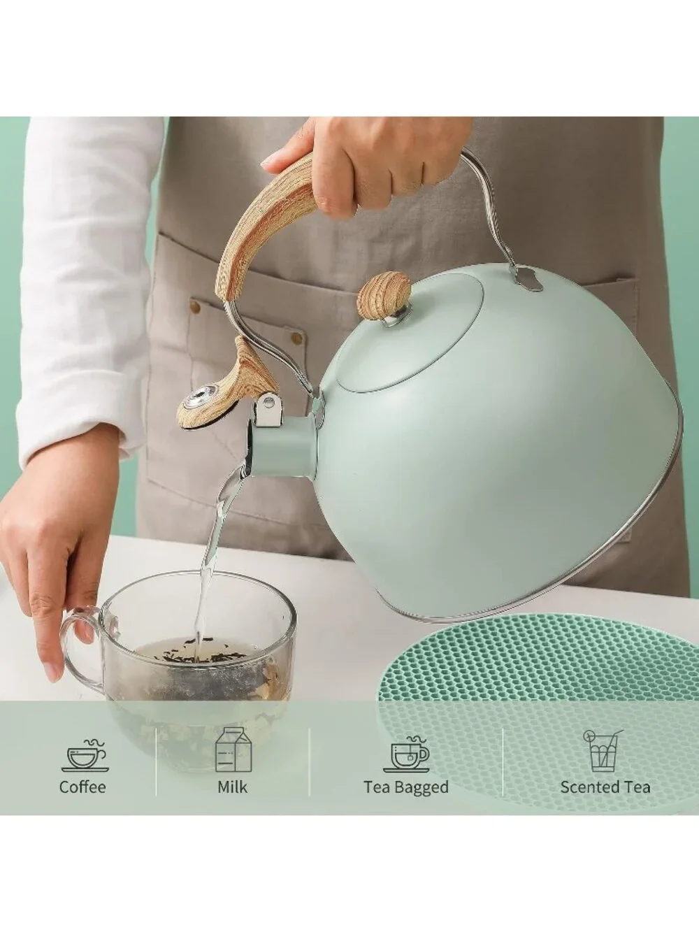 Green Kitchen Whistling Tea Kettle 2.5 QT Stainless Steel Wood Folding Handle